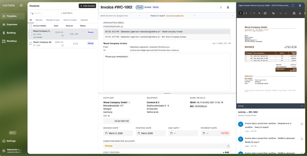 Originating email pane with first message