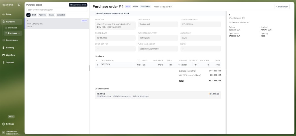 Werkruimte voor inkooporders met badges Uitgegeven, Gedeeltelijk en Exact Online, plus gekoppelde inkoopfactuur BC-0003