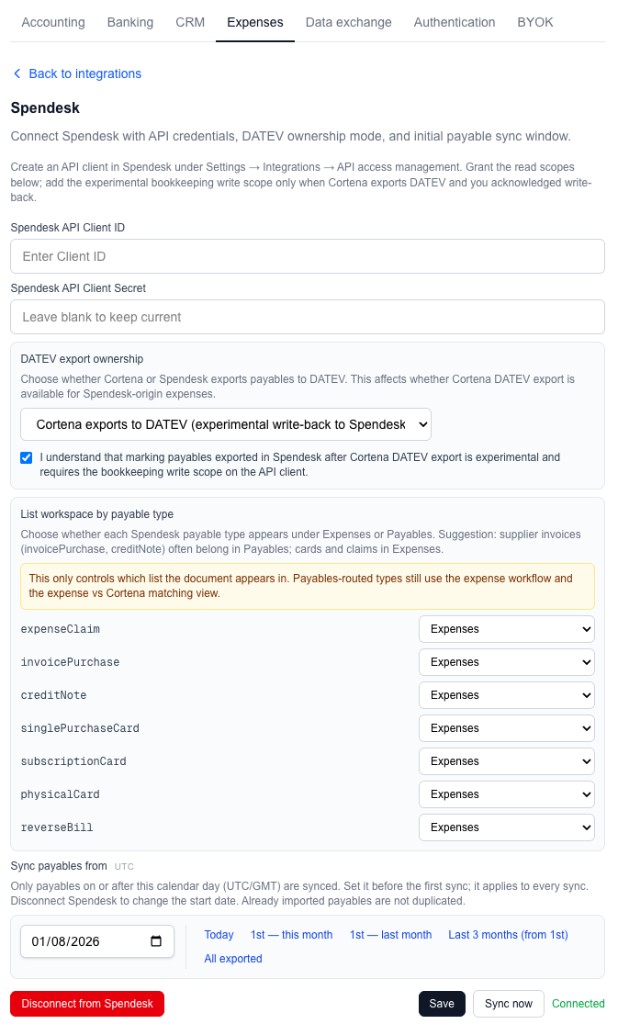 Settings → Integrations → Expenses → Spendesk