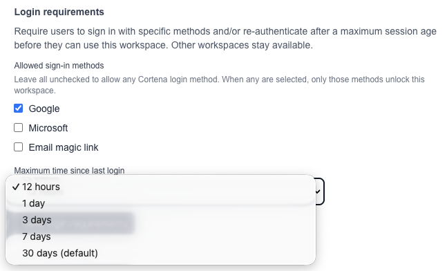 Login requirements in Settings → Tenant: Google selected, maximum time 12 hours