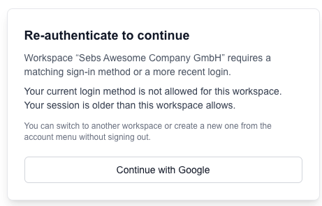 Re-authenticate to continue overlay with Continue with Google